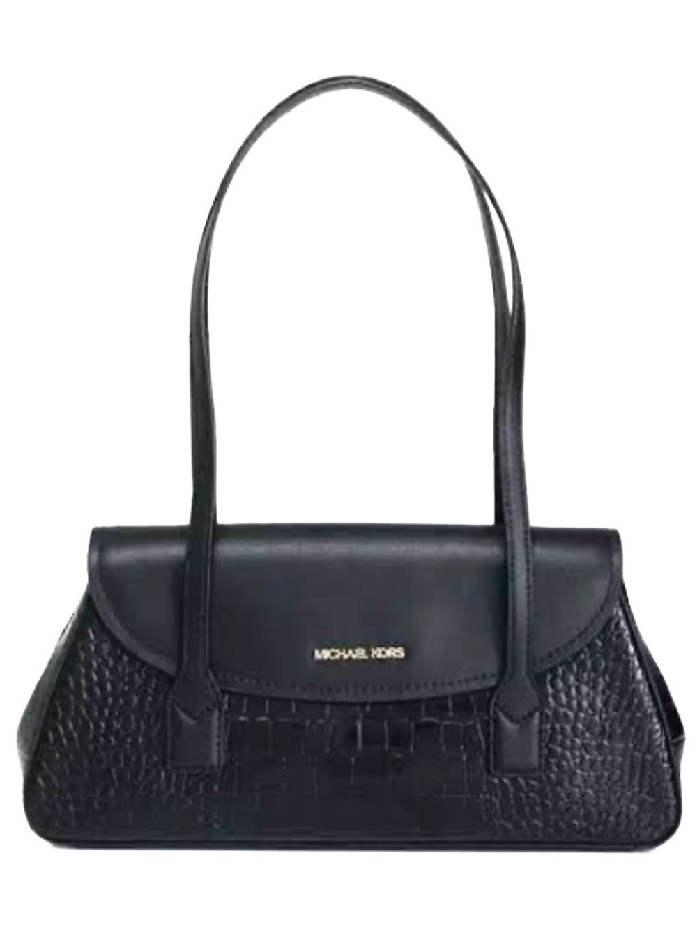 MICHAEL KORS KATYA Black Croc-Embossed Shoulder Bag with Gold Logo